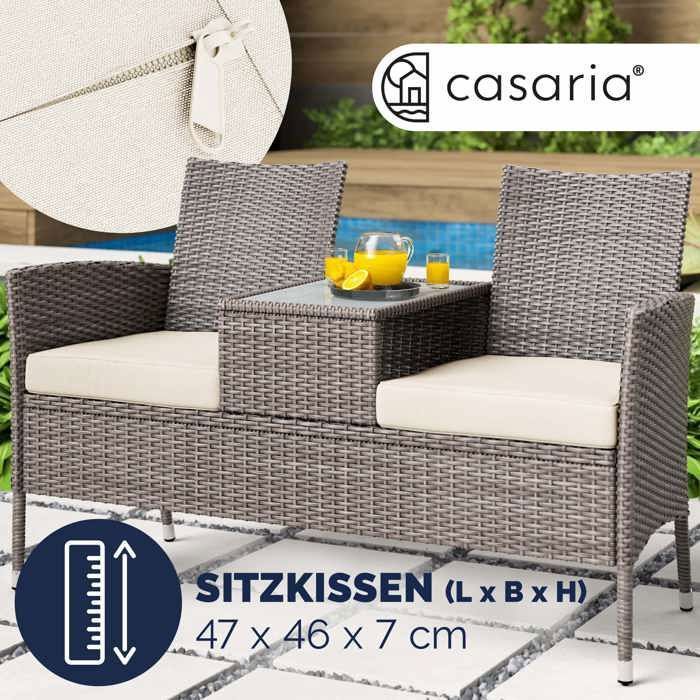 CASARIA® 2-Sitzer-Gartenbank aus Polyrattan mit Kissen und integriertem Tisch, 145 x 58 x 87 cm, Gartenmöbel, Creme