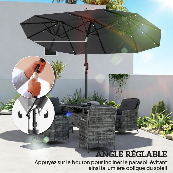 Ombrellone doppio da giardino - Outsunny - illuminazione solare - inclinazione a pulsante, manovella, 2 prese d'aria - 3 x 1,5 m - grigio