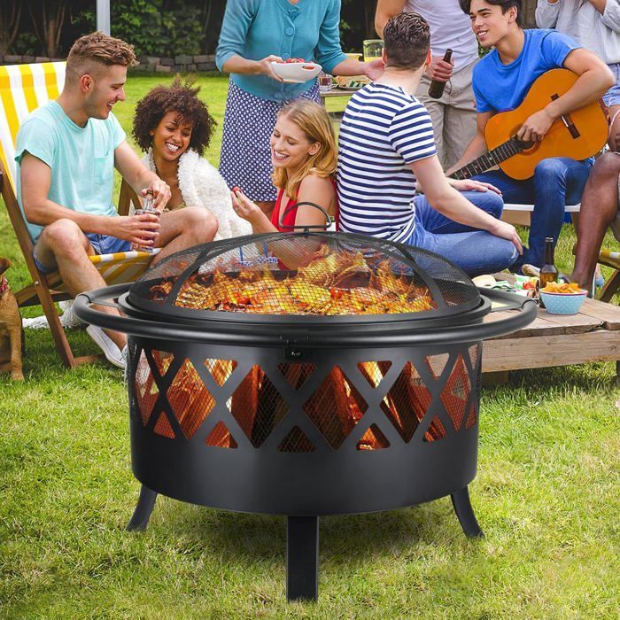 81cm Brasero Barbecue Exterieur pour Jardin,Foyer avec Protection Anti-étincelles et Tisonnier,Grille de Barbecue,Noir