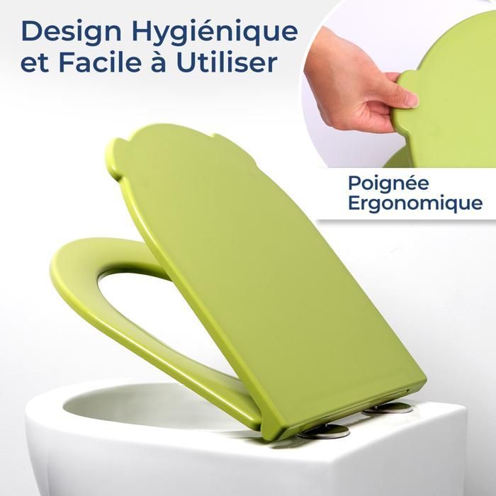 Asiento de inodoro silencioso AquaWise, resina Duroplast, taza de inodoro con cierre suave, antibacteriano, fácil de limpiar, fácil de quitar, verde.