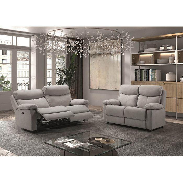 TARIFA - Canapé 3 Places Relax Manuel Gris Clair Tissu Waterproof
