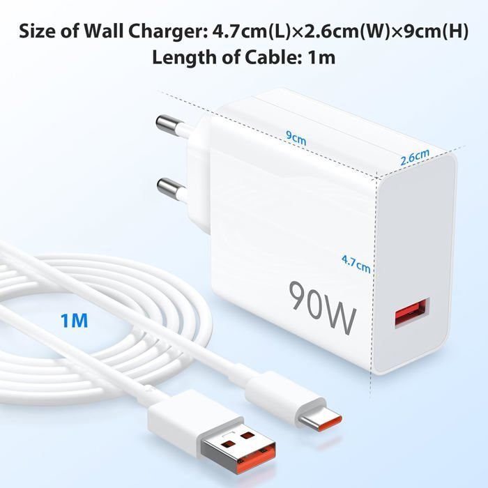 Cargador rápido de 90 W - HAUTSTORE - USB C - 1 m - Compatible con Xiaomi y POCO - Blanco