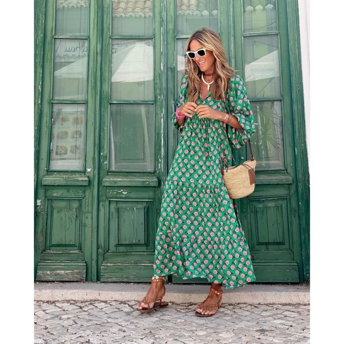 Elegante vestido largo con mangas abullonadas para mujer, estampado floral informal, escote en V, rosa veraniego