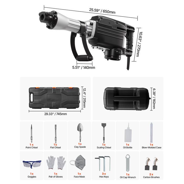 Martello demolitore - Duoku - 2800 W - Utensile elettrico - 1200 BPM - Demolitore per calcestruzzo con 3 scalpelli, 1 pala per argilla