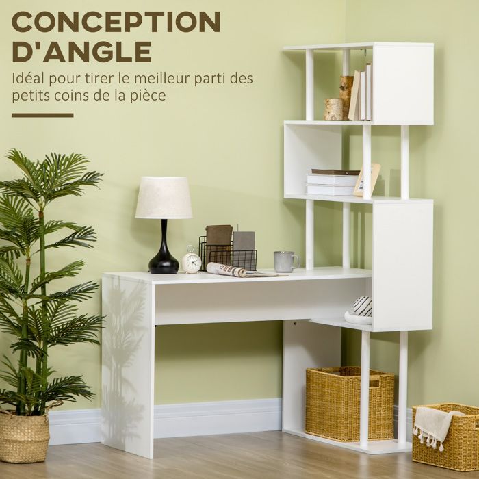 Corner desk - HOMCOM - with L-shaped storage shelves for study, office, or work - wood - 120x80x176cm - white