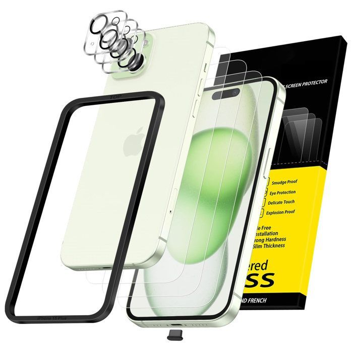 Kit de 6 piezas: 3 protectores de pantalla de vidrio templado para iPhone 15 Plus (6,7 pulgadas) y 3 protectores de cámara trasera - Kit de herramientas de fácil instalación.
