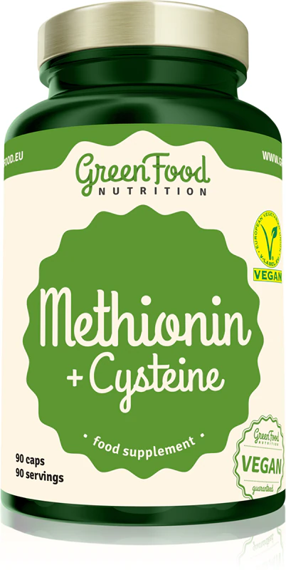 Cápsulas de suplemento alimentar GreenFood Nutrition com Metionina + Cisteína para cabelos, pele e unhas saudáveis.