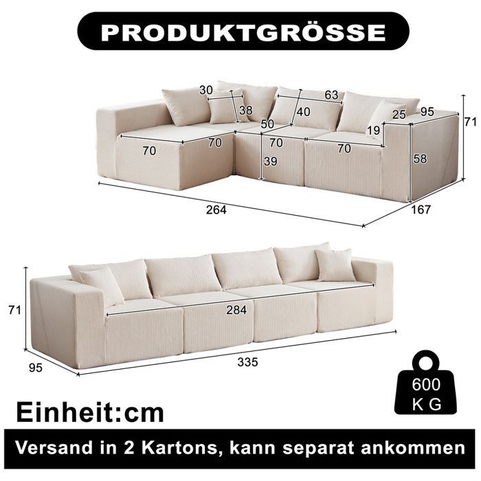 Sofá modular de pana de 4 plazas DRIPEX de 335 cm, sofá tapizado comprimido con 4 cojines, combinación libre, color beige.