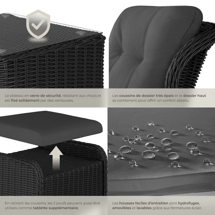 Muebles de jardín - TECTAKE - BENISSA, conjunto de tumbonas desmontables para 2 a 4 personas con mesa - Negro/Gris