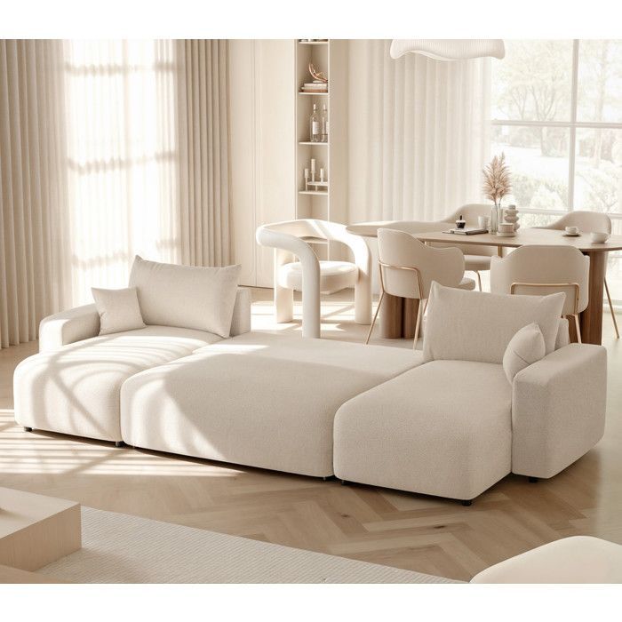 Sofá de canto panorâmico PIANO U - 7 lugares - Sofá conversível com espaço de armazenamento - Tecido creme macio ao toque