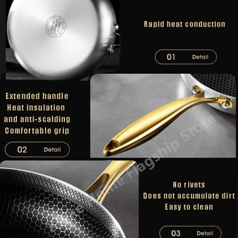 Poêle à frire de 30 cm, wok, en acier inoxydable 316, revêtement antiadhésif alvéolé, compatible avec les plaques de cuisson à gaz et à induction, ustensiles de cuisine.