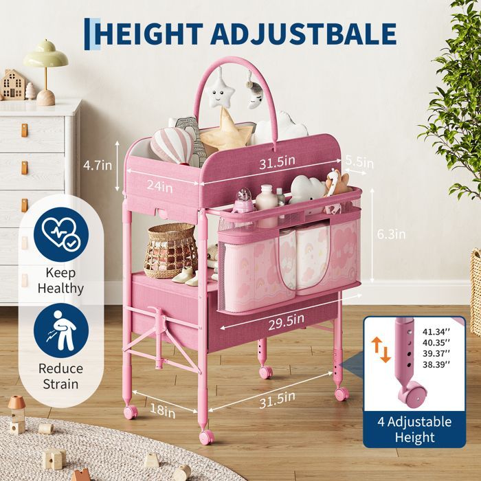 Cambiador portátil con 2 cestas de almacenamiento - Cómoda plegable regulable en altura con ruedas - para bebés - Rosa