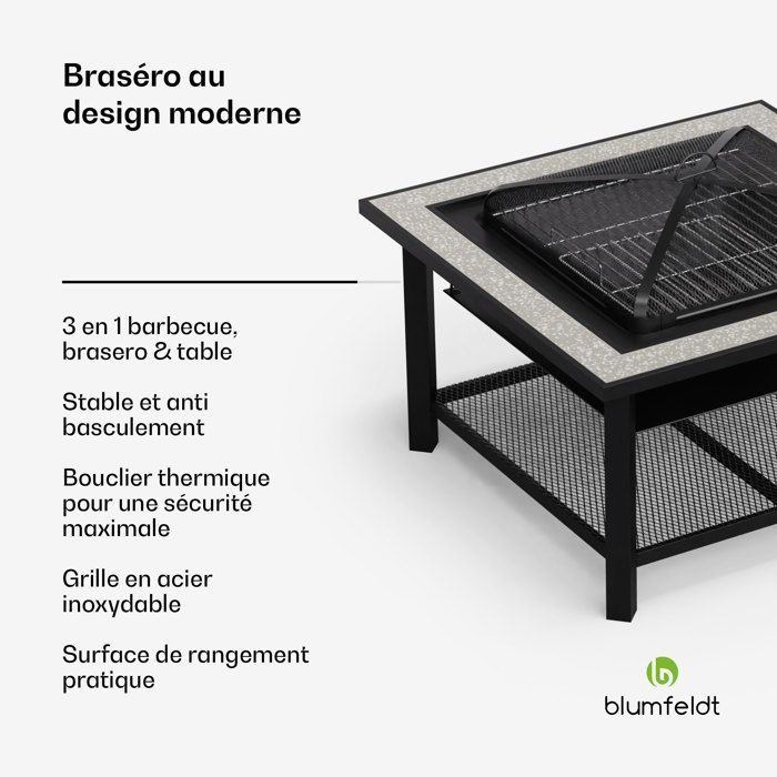 Blumfeldt Merano Avanzato 3-in-1 Feuerstelle mit Grillfunktion, auch als Tisch verwendbar, 87 x 87 cm, Schwarz