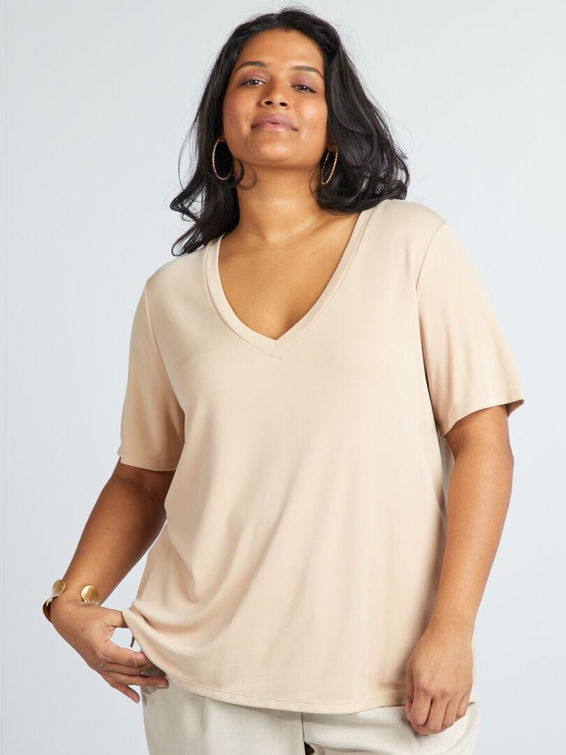 Stretch T-shirt met korte mouwen - BEIGE