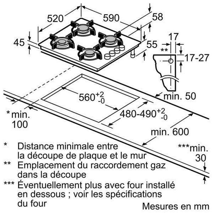 BOSCH POP6B6B10 Plaque de cuisson gaz - 4 foyers - 7400W - L56 x P48cm - Revêtement verre trempé - Noir