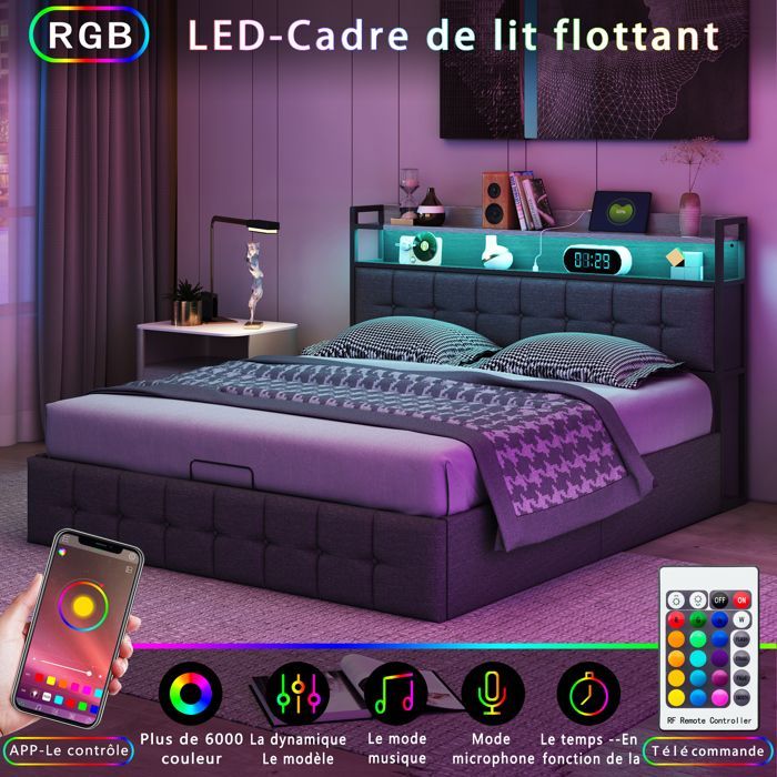 Letto contenitore 160 x 200 cm, letto 160x200 con rete a doghe, letto per adulti con porta USB e LED, struttura letto, con testiera, grigio, lino