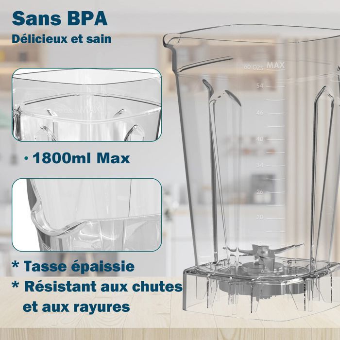 Frullatore professionale da 1600 W, OUTUOTWQ, potente frullatore multifunzione per smoothie, capacità di 1,8 litri, 6 lame, oltre 10 velocità + funzione Pulse.
