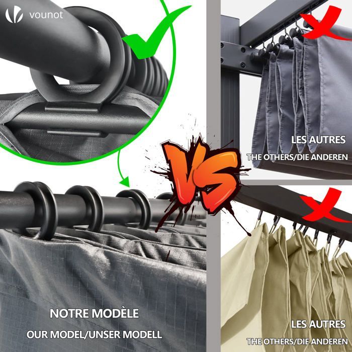 VOUNOT® Retractable Pergola 3x3m in metal and high-density 180 g/m² polyester fabric, grey