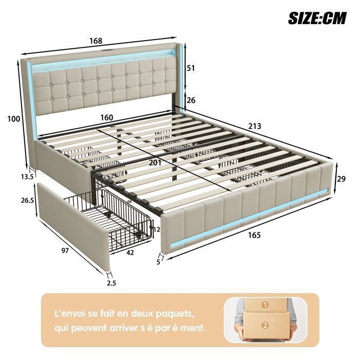 Lit double capitonné 160x200 cm avec 4 tiroirs, Lit adulte avec LED et chargement USB, Sommier à lattes, Tissu en lin, Beige