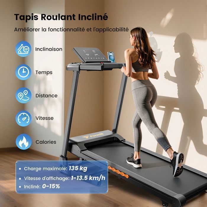 FORMILL Tapis de Course Pliable FT61 - 3.0 HP, Inclinaison 0–15%, 12 programmes, Vitesse 1–14 km/h