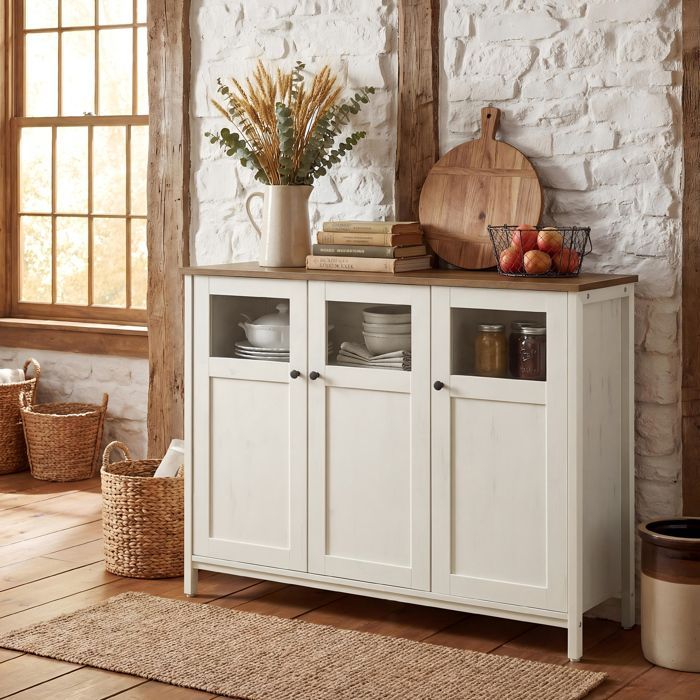 Buffet de Rangement Industriel, Armoire 3 Portes avec Cadre en Acier, pour Cuisine, Salon, Entrée, Marron et Blanc