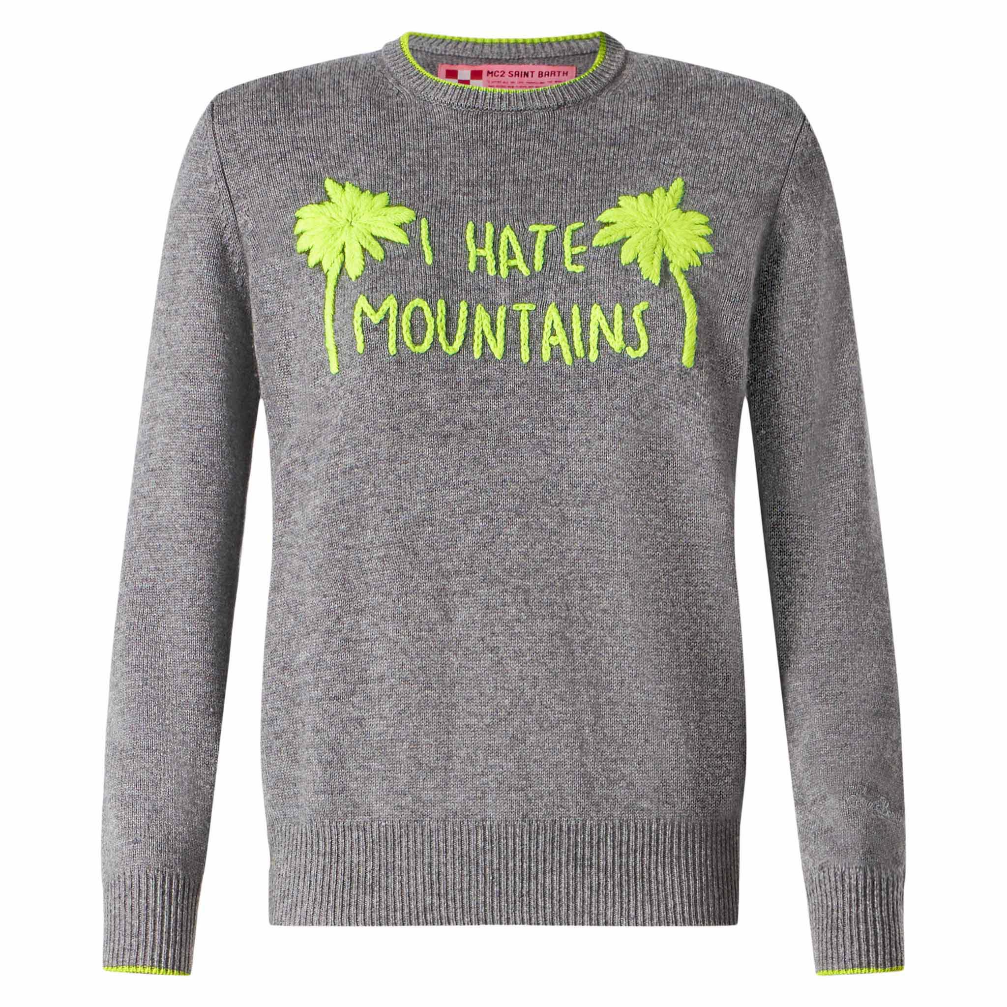 Maglione da donna grigio ricamo I hate mountains giallo fluo