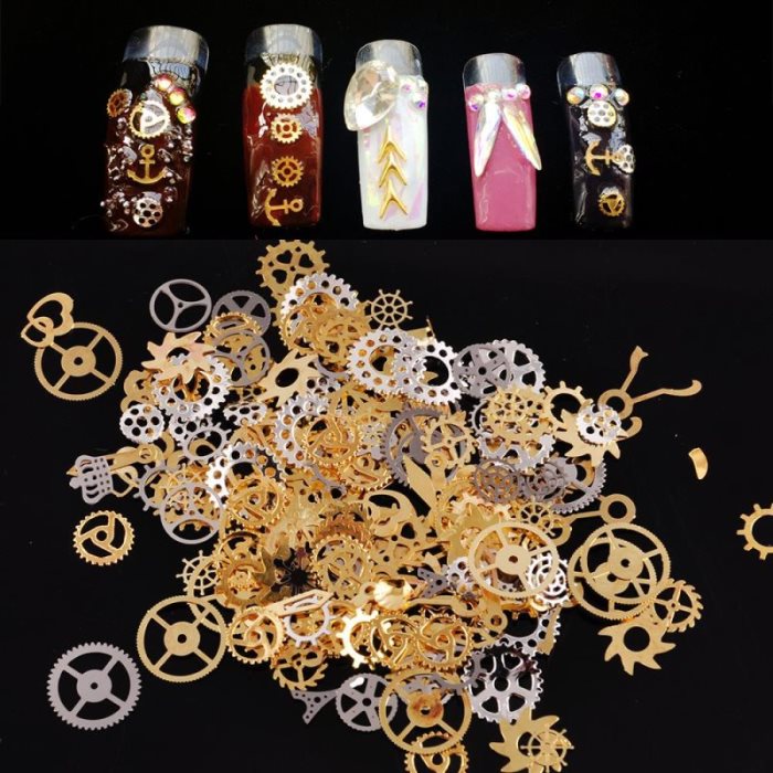 Nouvelle manucure à rivets dorés style steampunk, bijoux temporels, décoration d'ongles mécanique, paillettes, sequins, vernis à ongles