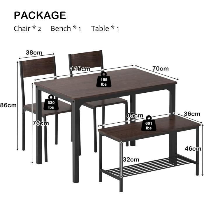 NEED Juego de comedor para 4 personas, 110 cm, 2 sillas con respaldo, banco para 2 personas con estante de almacenamiento,