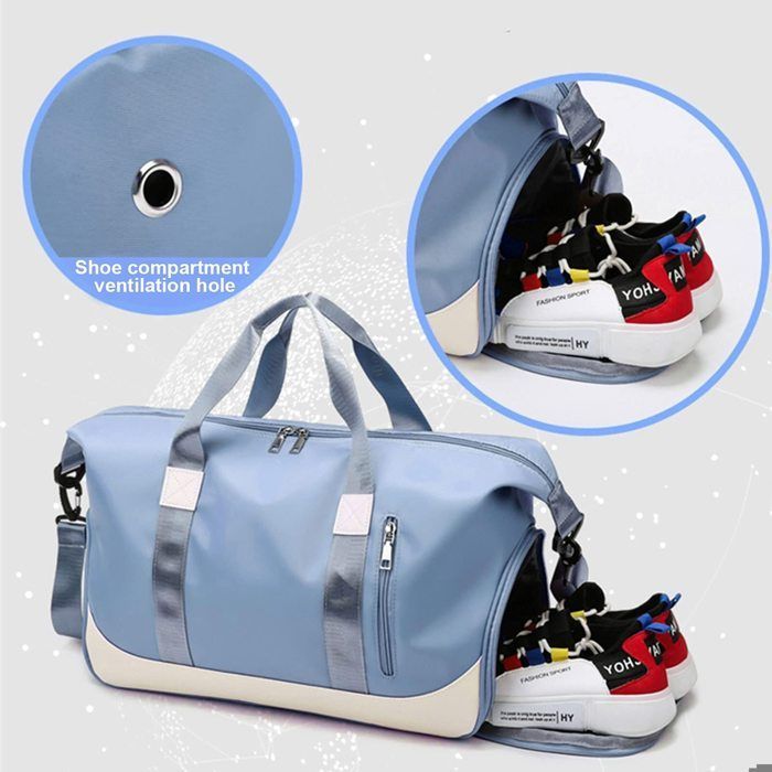 Bolsa deportiva para hombre/mujer, bolsa de viaje con compartimento para zapatos y bolsillo impermeable, bolsa de gimnasio de gran capacidad (40 litros), color azul.