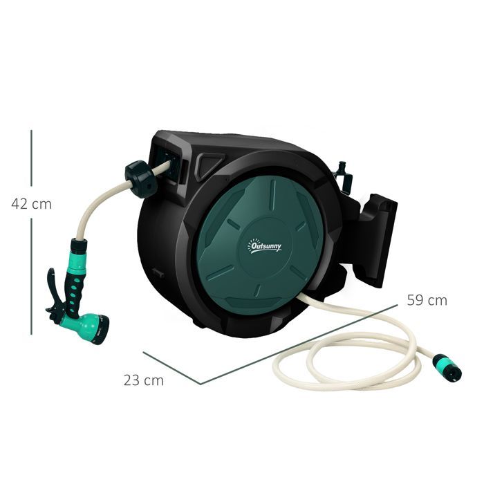 Wall-Mounted Hose Reel - Outsunny - 30m x 15mm Diameter - Automatic Retractable, 180° Swivel - 7-Mode Nozzle - Green