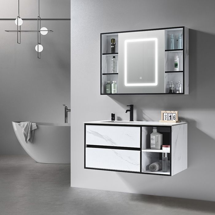 Meuble de salle de bain simple vasque 100cm blanc effet marbre avec miroir LED et colonne de rangement LB-6948 LuxuryBain-