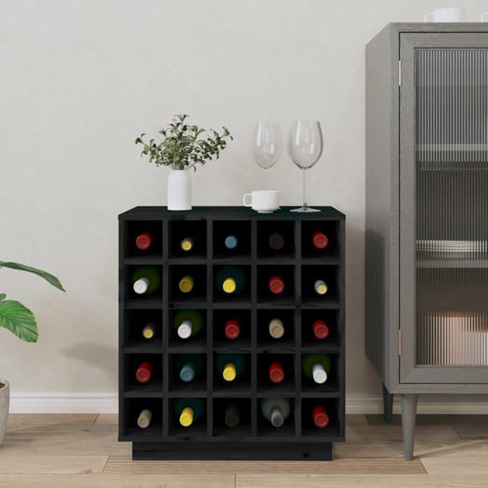Adega/Porta-garrafas de vinho preta - CLARENCE - Madeira maciça de pinho, 55,5 x 34 x 61 cm, modelo LV1155