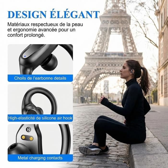 Écouteurs Sans Fil - FINGERTIME - Son Hi-Fi Stéréo, Étanche IPX7, Autonomie 42H, Confortable, Léger, Noir