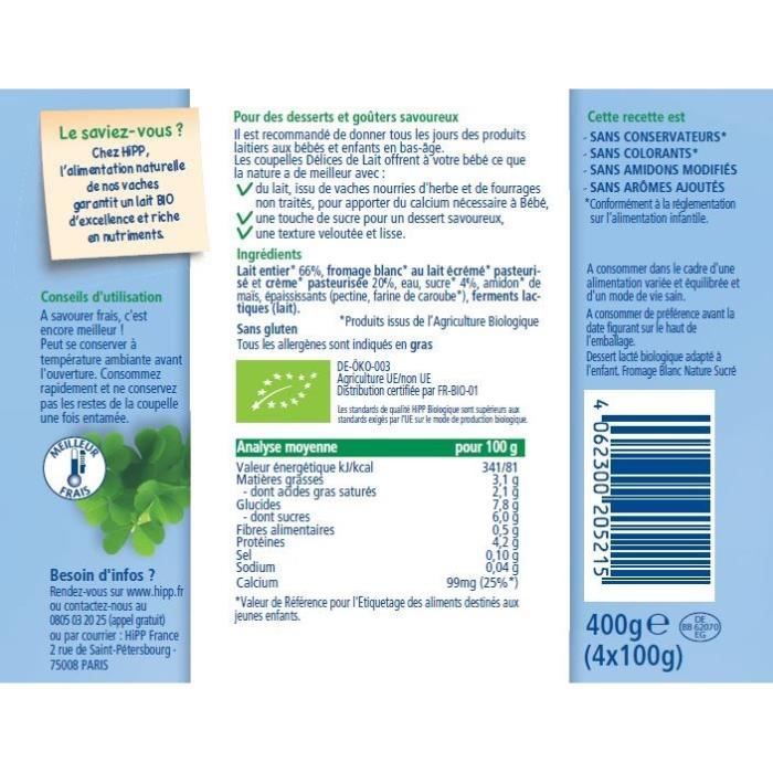 Hipp Bio Délices de Lait Fromage Blanc Nature Sucré +6m 4 x 100g