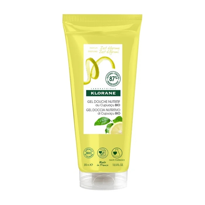 Gel de banho Klorane com manteiga de cupuaçu orgânica, aroma de casca de cítricos, 200 ml, nutritivo e energizante.