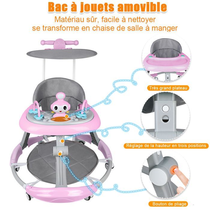 Andador para bebé niña MIPAN - Andador plegable con luz y música - Ajustable - Para bebés de 6 a 18 meses - Rosa