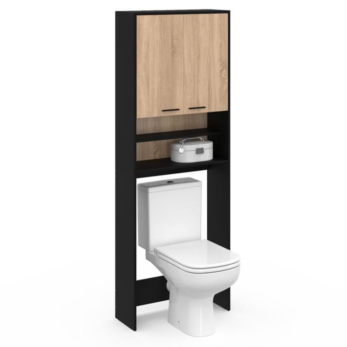 IDMARKET Meuble étagères de rangement dessus machine à laver et WC WALLIS noir et bois façon hêtre