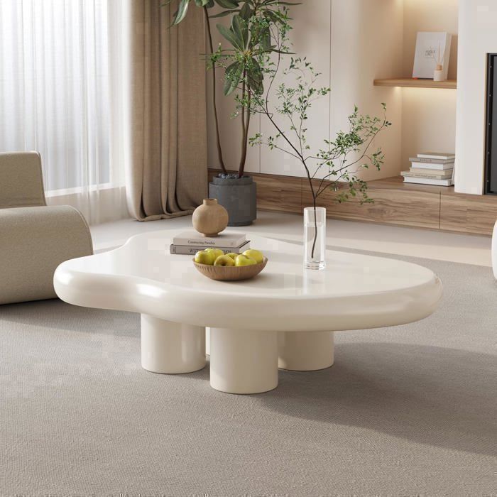 Cloud salontafel, minimalistische salontafel met onregelmatige vier poten voor de woonkamer (crème wit, 90 cm)