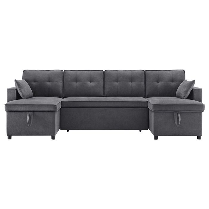 Canapé d'angle Convertible avec Porte-gobelet et Rangement, 4 Places en U, Canapé lit avec Fonction Couchage, Coton et Lin, Gris