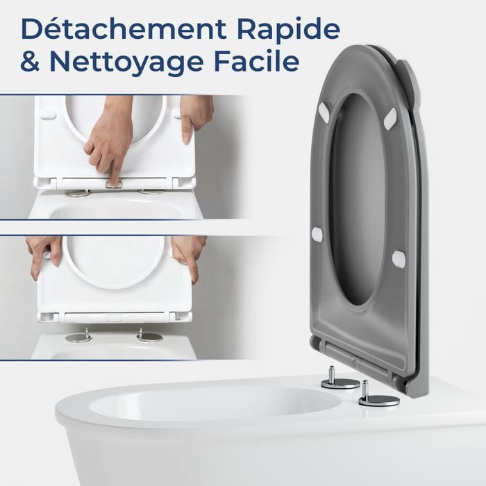 Asiento de inodoro silencioso AquaWise, resina Duroplast, taza de inodoro con cierre suave, antibacteriano, fácil de limpiar, fácil de quitar, gris.