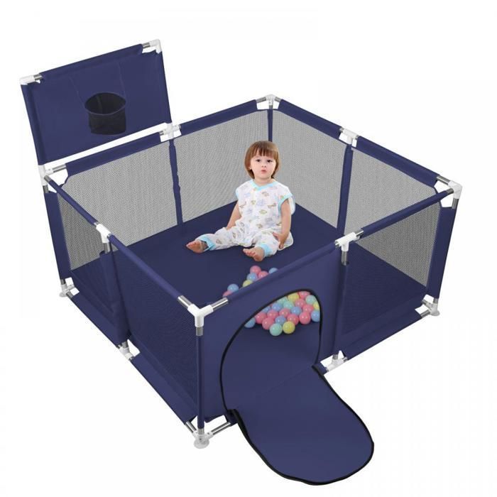 Parque infantil de tela Oxford - XUANYU - 126*126 cm con ventosas, puerta con cremallera y pelotas de juego - Azul oscuro