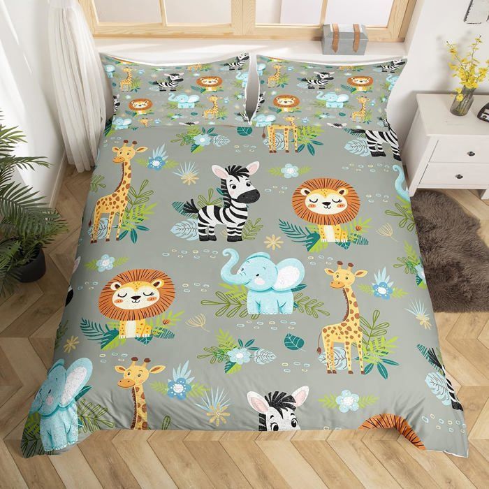 Funda nórdica infantil de 140x200cm con animales de dibujos animados, juego de funda nórdica con león, elefante, cebra y jirafa.