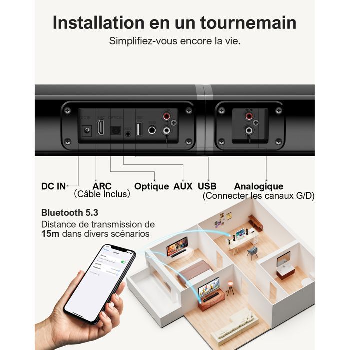 Ultimea Barre de son 2.2 canaux, Double caisson de basses intégré, Basses Profondes, Séparable 2 en 1, Arc / Optique / Aux