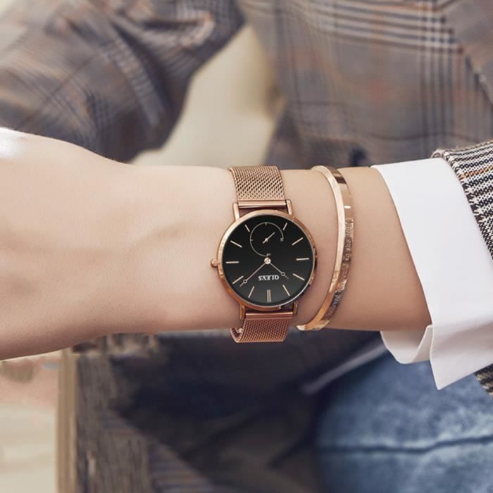 Orologi da donna di design - Ultrasottili - Quadrante con secondi separati - Acciaio - Nero/Oro rosa