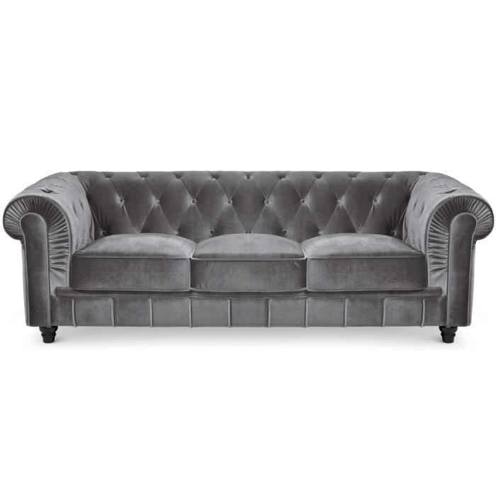 Canapé Chesterfield Velours Argent - MENZZO - 3 places - Gris - Elégance - Chic - Moelleux