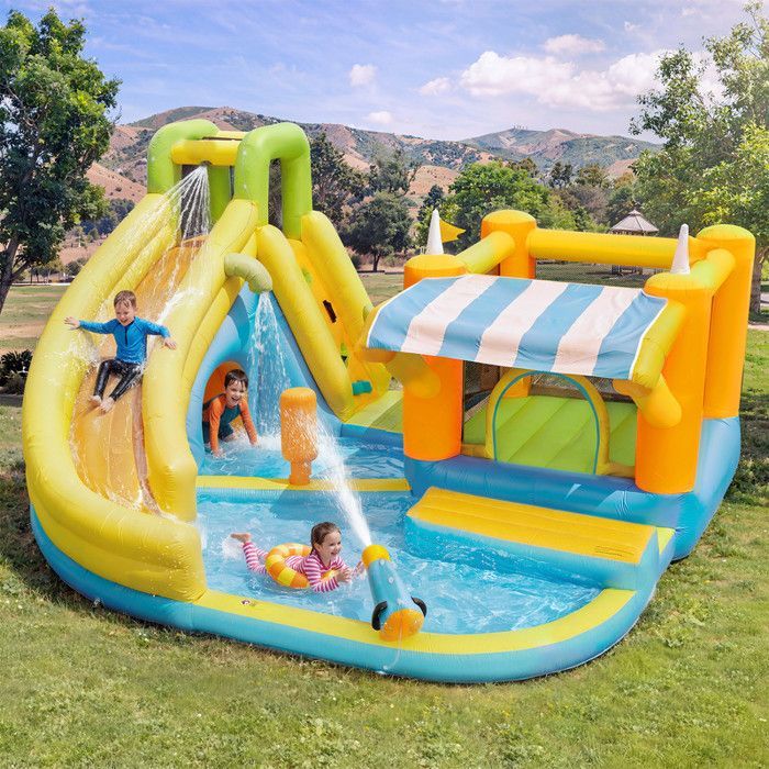 Castelo inflável para crianças 433 x 375 x 165 cm com soprador - toboágua - piscina - parque aquático - castelo inflável