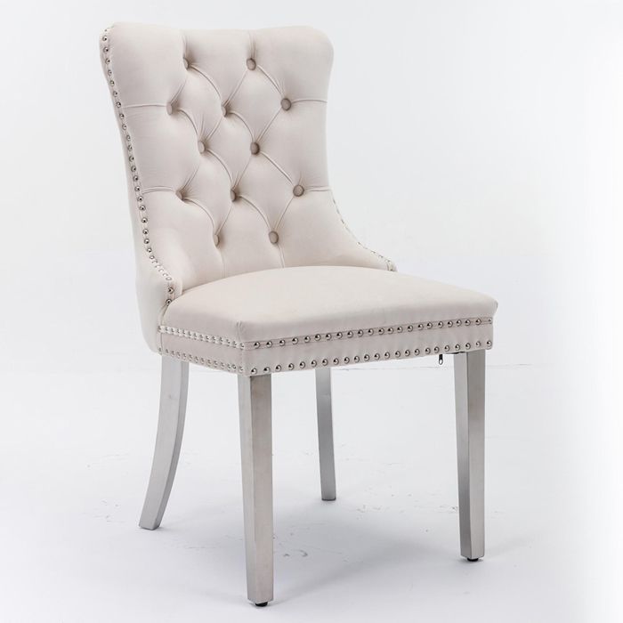 Lot de 2 Chaise de salle à manger, bois massif capitonné, velours, pieds chromés, garniture à clous, beige et chrome