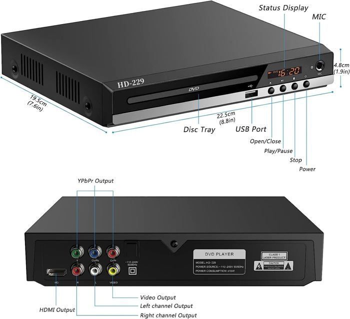 DVD-soitin - HAUTSTORE - HDMI - USB - 1080P - Kaukosäädin sisältyy hintaan