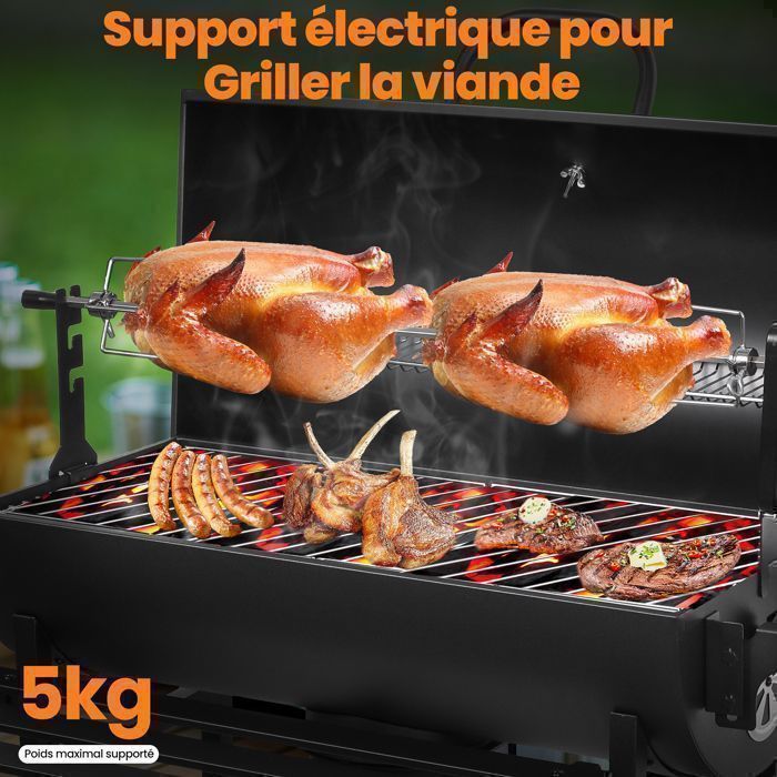 Barbecue Charbon de Bois avec Tournebroche Électrique, Chariot avec Couvercle,Thermomètre, 2 Tablettes Pliantes, Tiroir à Cendres