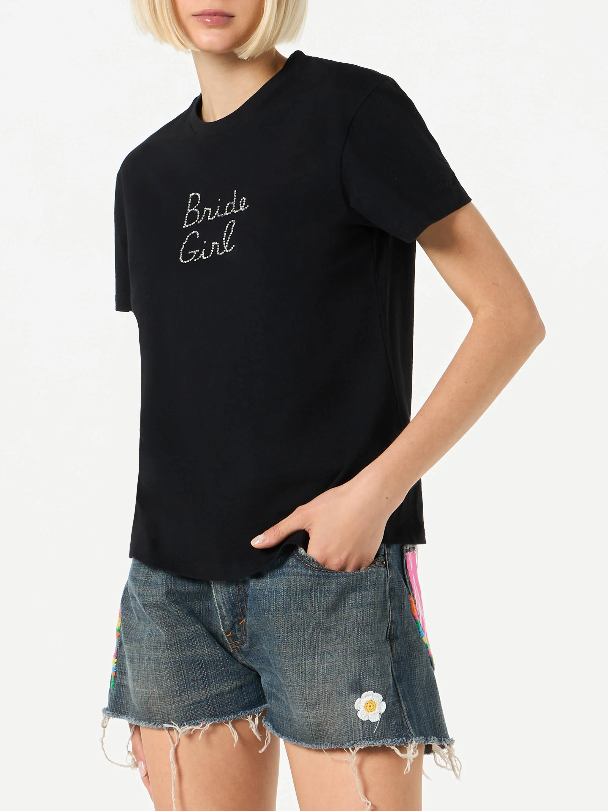 Damen-Baumwoll-T-Shirt mit Strassstickerei, Brautmädchen
